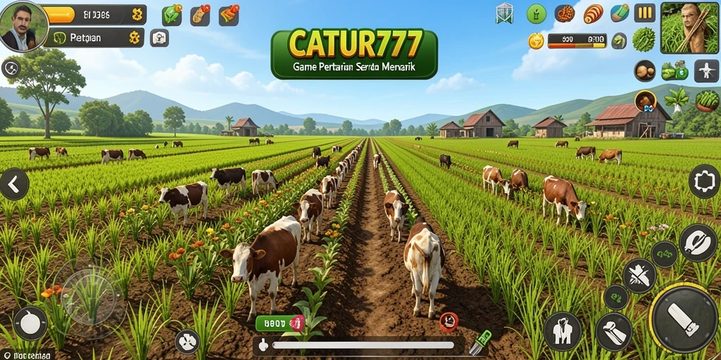 Screenshot gameplay CATUR777 menampilkan ladang hijau dan aktifitas pertanian.