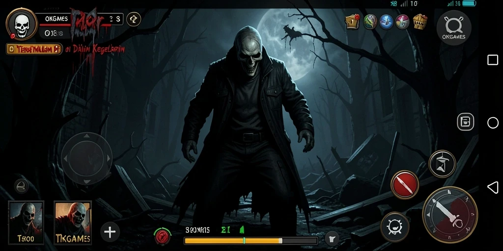 Screenshot utama OKGAMES menunjukkan karakter dalam situasi mencekam.