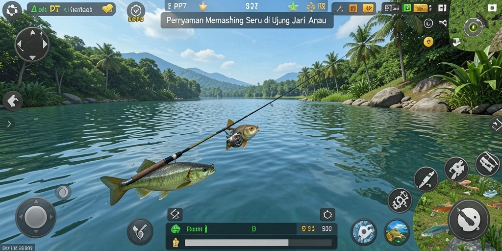 Gambaran gameplay PP7 dengan ikan besar dan lokasi memancing yang indah.