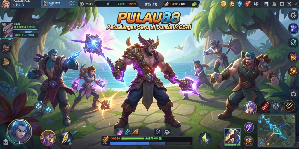 Tampilan gameplay PULAU88 dengan aksi MOBA yang intens.