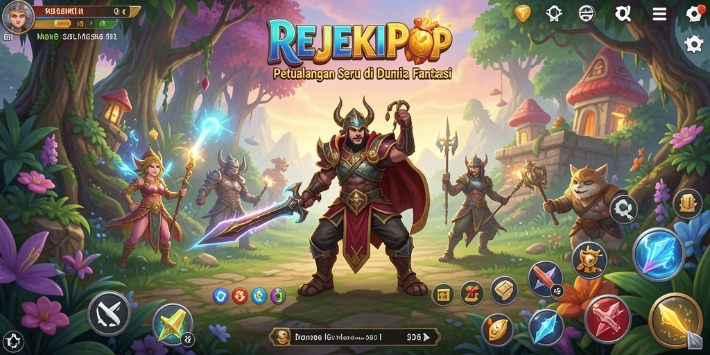 Tampilan gameplay seru dalam REJEKIPOP dengan karakter beraksi di dunia fantasi.