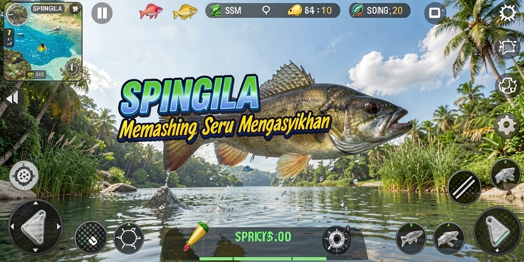 Tangkapan ikan berwarna-warni dalam gameplay SPINGILA.