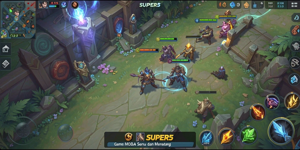 Tangkapan layar utama SUPER5 menampilkan pertempuran seru dalam arena MOBA.