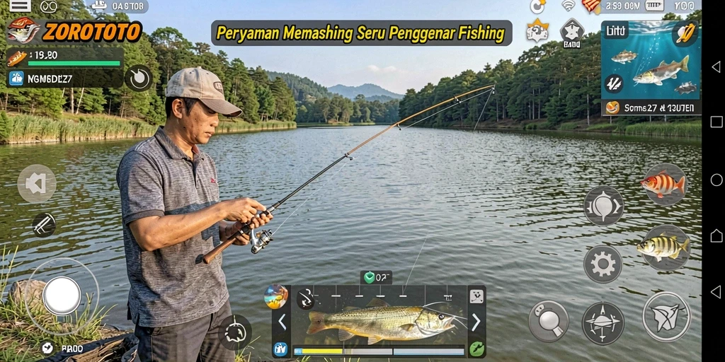 Tampilan gameplay ZOROTOTO yang seru dan mendebarkan saat memancing.